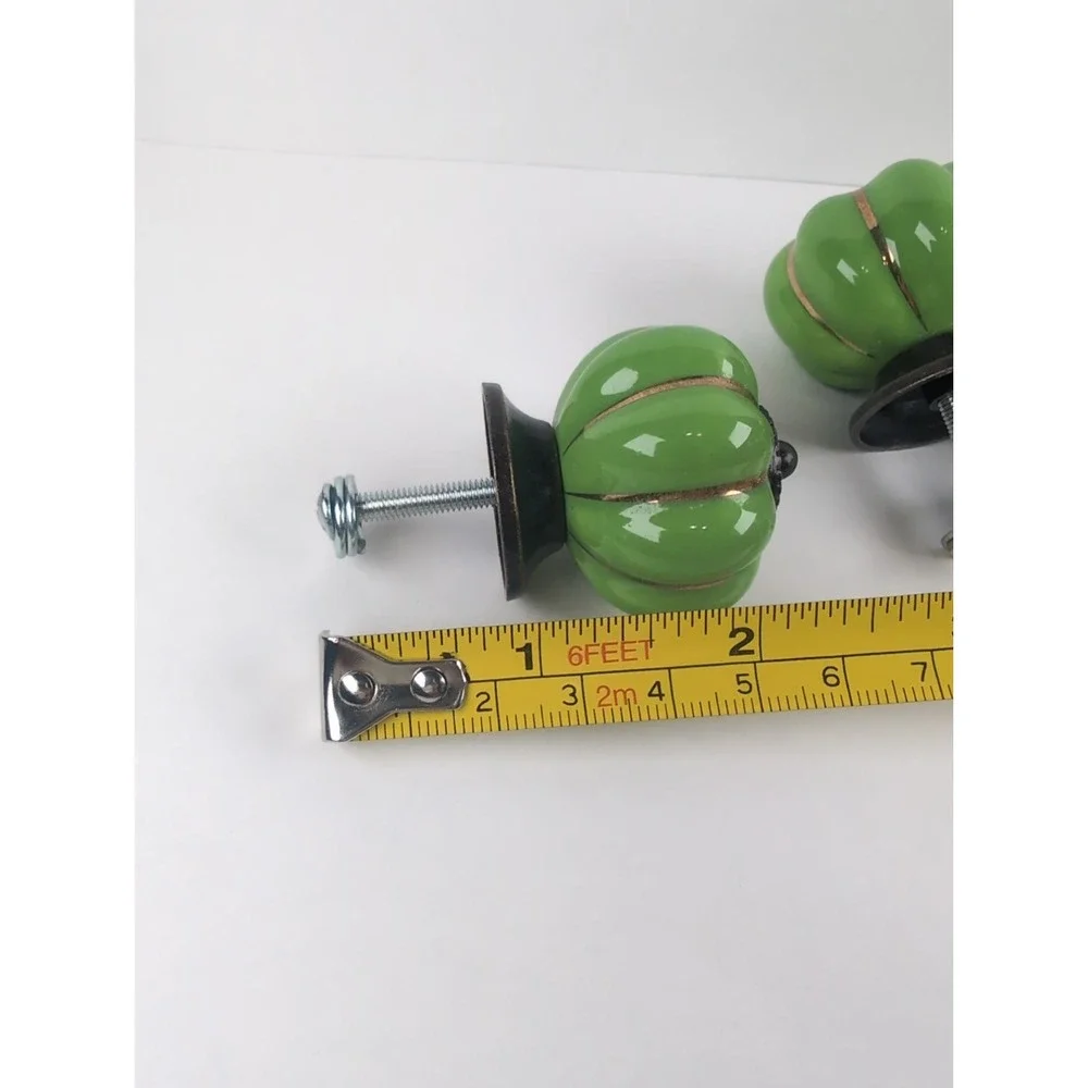Set of 4 Green W/Gold Enameled Drawer Pull Knobs Ceramic/Porcelain